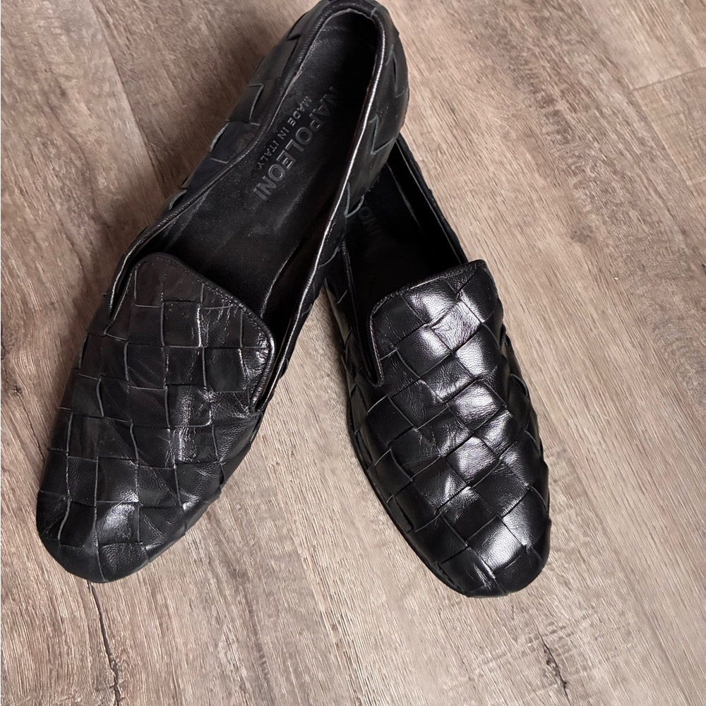 Napoleoni Black Italian Leather intrecciato woven Loafers comfy size 40 9(US)